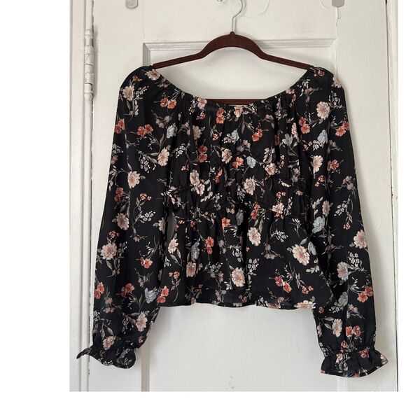 Papermoon Women's Top Floral Blouse Size XSP  Black Off Shoulder - Picture 4 of 9